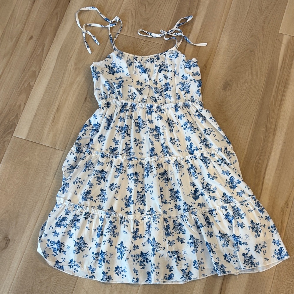 Girls White Sundress with Blue Floral Print
